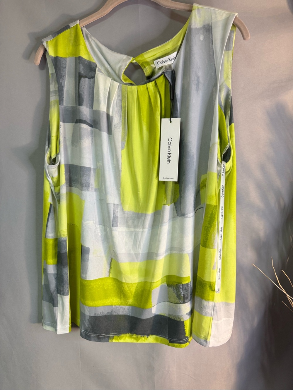 Calvin Klein Lime Green & Gray Sleeveless Keyhole Blouse